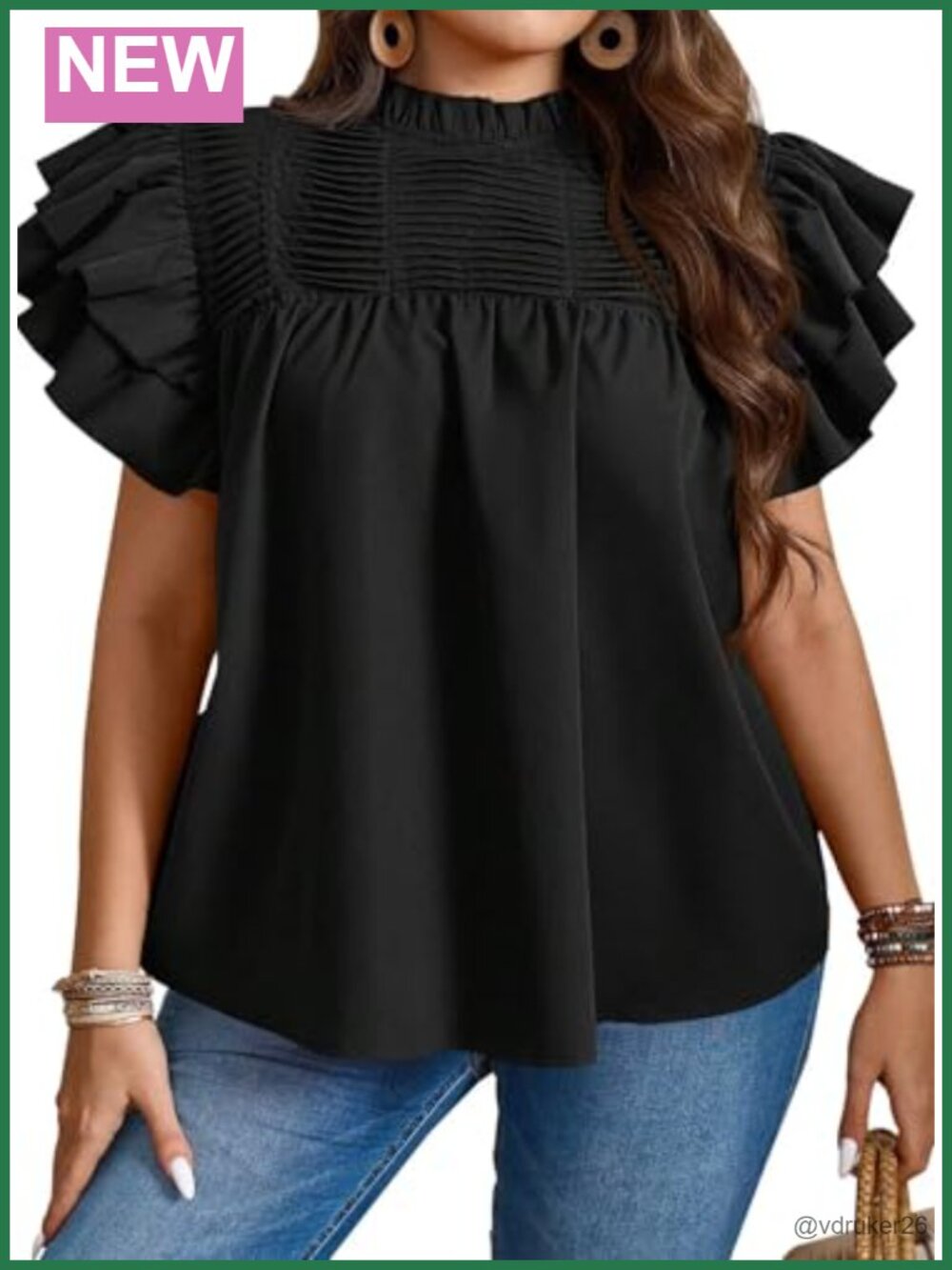 Ruffle Sleeve Pleated Mock Neck Blouse Plus Size Loose Fit Summer Top